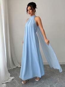 Rafferiza 女士浅蓝色露背优雅长款太阳裙，春夏 - 藍色 - 查看 6