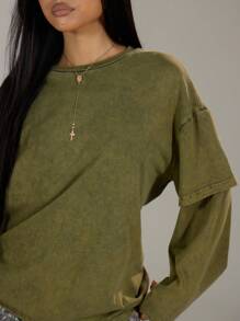 MUSERA Layered Long Sleeve 2 In 1 T-Shirt Casual Summer Labrynth Oversized T-Shirt Airport Outfits Holiday Summer Spring Summer - Army Green - View 5