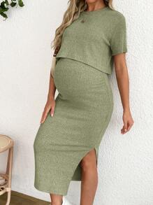 SHEIN 2-delige zwangerschapsoutfit in effen kleur met korte mouwen en rok, zomerse casual outfit