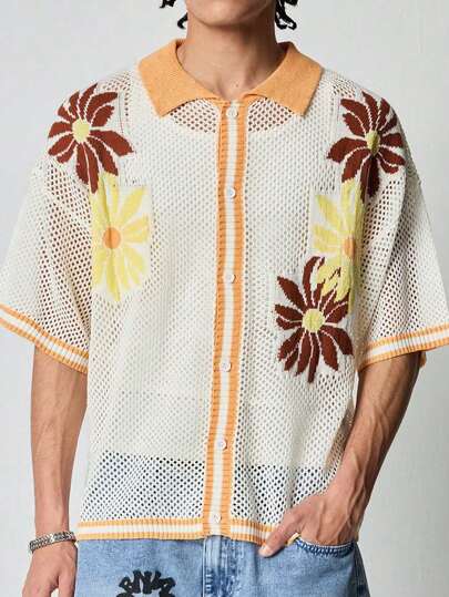 Casual Camisa informal de manga corta y cuello abierto para hombres de talla grande, adecuada para el verano