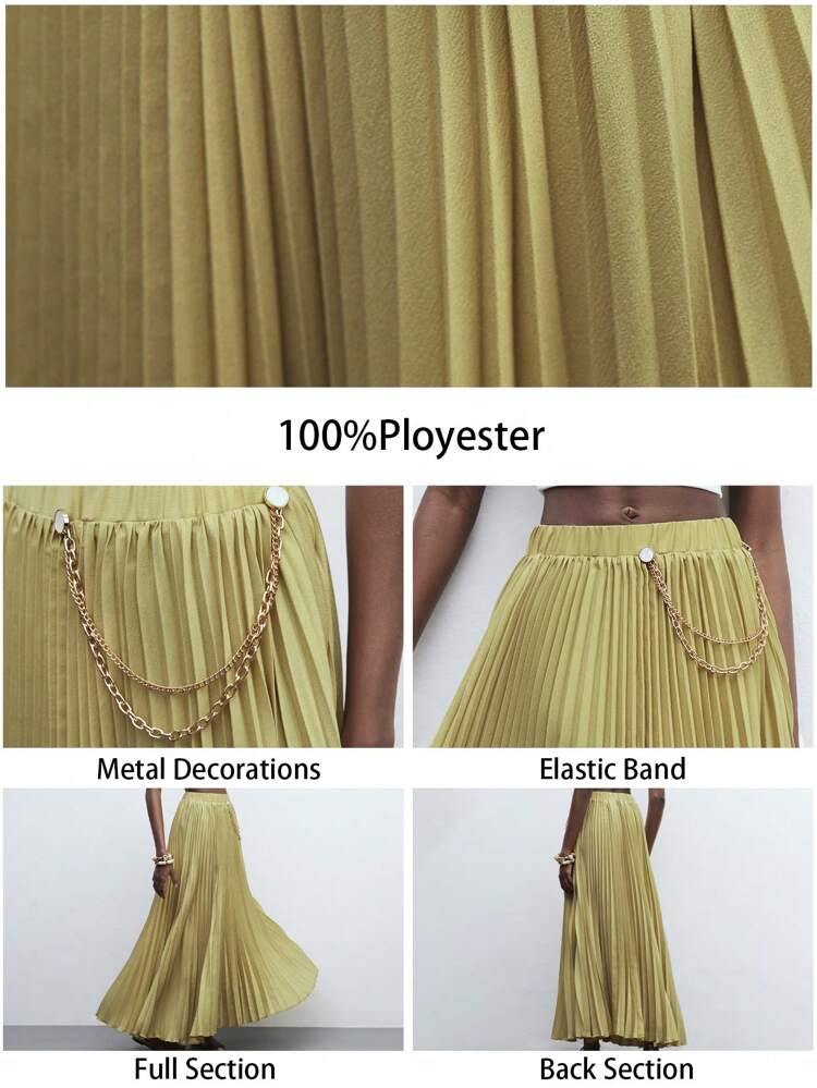 SHEIN Maija Damska zielona, swobodna, elastyczna talia, plisowana tkanina, dół w kształcie litery A, elegancka, modna, minimalistyczna, codzienna odzież, hawajski styl, wakacje na plaży, jednokolorowa, długa, plisowana spódnica