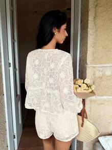 SHEIN Frenchy 2 pezzi Set di top e shorts da donna con fiori jacquard e laccio frontale