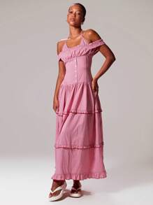 MUSERA 露背吊带露肩褶皱上身纽扣层叠飘逸长裙，适合春夏度假，可爱优雅甜美，适合逃离喧嚣，参加伊比沙岛西部婚礼，享受海滩假期。 - 紅色 - 查看 4