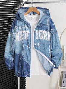 SHEIN Lässige, vielseitige und bequeme Jacke aus Webstoff mit Kapuze und Reißverschluss für Tween Jungen mit Buchstaben- und Denim-Effektmuster, geeignet für den Weg zur Arbeit, zur Schule, für die Freizeit, Reisen, Sport, Frühling/Sommer