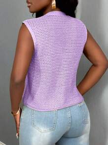 BamGleam 新款绿色金属大纽扣V领毛衣背心镂空开衫，休闲时尚简约针织背心，适合秋冬春季外出 - 紫色 - 查看 2