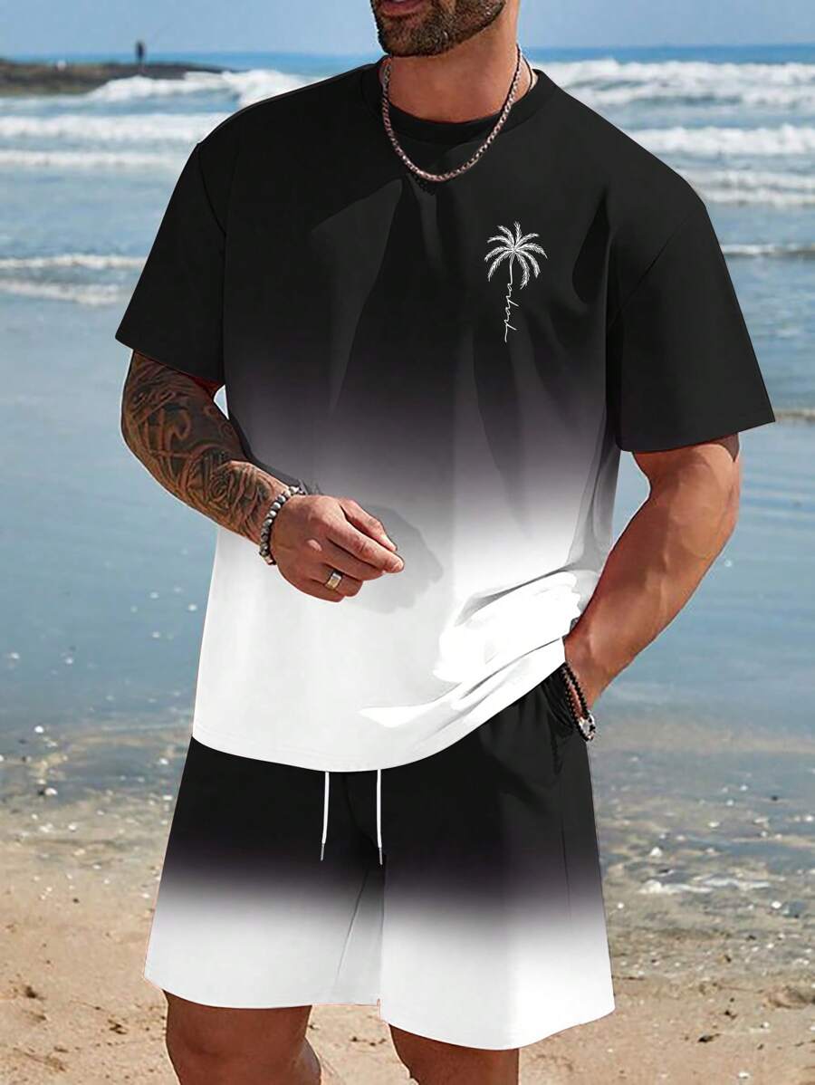 Manfinity RSRT Men's Ombre Gradient Round Neck Short Sleeve T-Shirt And Shorts Two Pieces Set, Summer Co Ords, Cozy Outfits - Multicolor - View 1