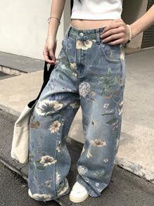 DAZY All-Over Floral Washed Wide-Leg Women's Jeans - Light Wash - View 4