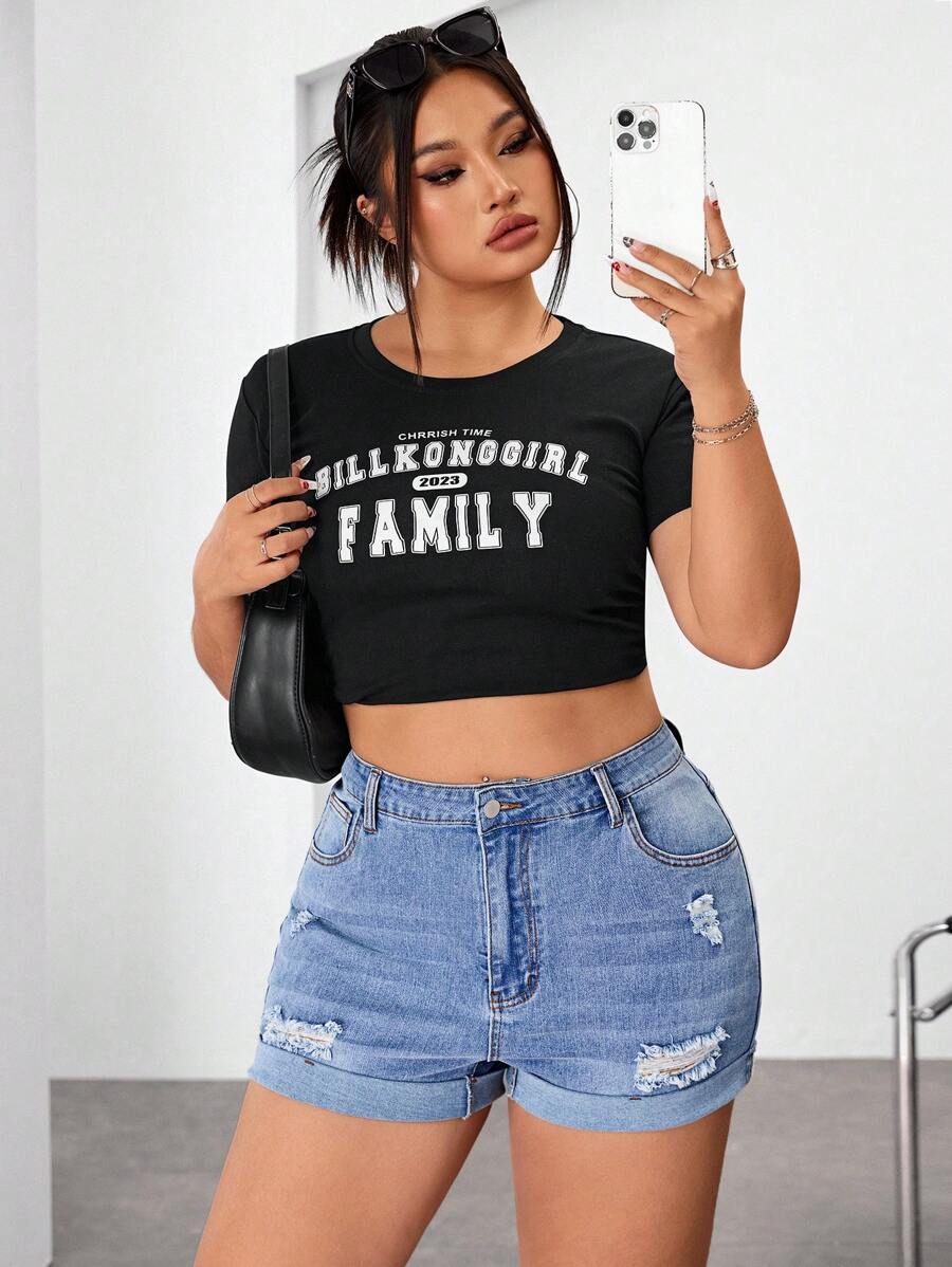 SHEIN ICON Plus Size Summer Casual Ripped Skinny Denim Shorts - Blue - View 1