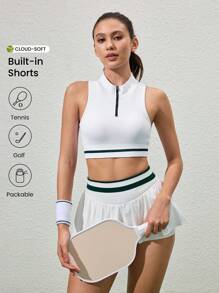 CourtClass High Waist Contrast Stripe Double Layer Sports Shorts Sweater Shorts - White - View 1