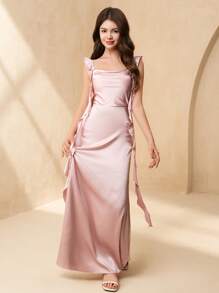 SHEIN Flower Girl & Teens Girl Formal Ruffled Strap Satin Mermaid Dress, Suitable For Wedding, Prom, Birthday Party, Performance