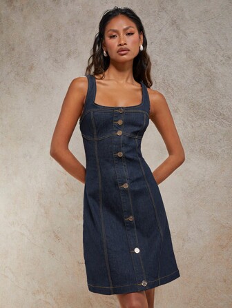 COSMINA Damen ärmelloses, figurbetontes Denim Kleid mit Metallschnalle, für Frühling/Sommer