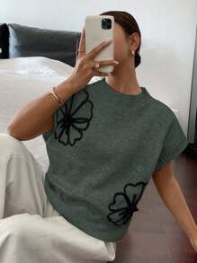 SHEIN Frenchy 女士花卉图案圆领短袖休闲针织上衣 - 綠色 - 查看 6