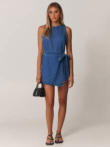 SHEIN Forever 21 女式圆领侧结前片包边无袖休闲牛仔连体裤 - 藍色 - 查看 4