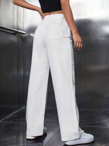 SHEIN PETITE Quần ống rộng màu trơn cho nữ mặc thường ngày - trắng - Xem 2