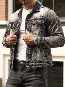 Manfinity Homme Men Casual Everyday Washed Front Button Patch Pocket Denim Jacket, Fall