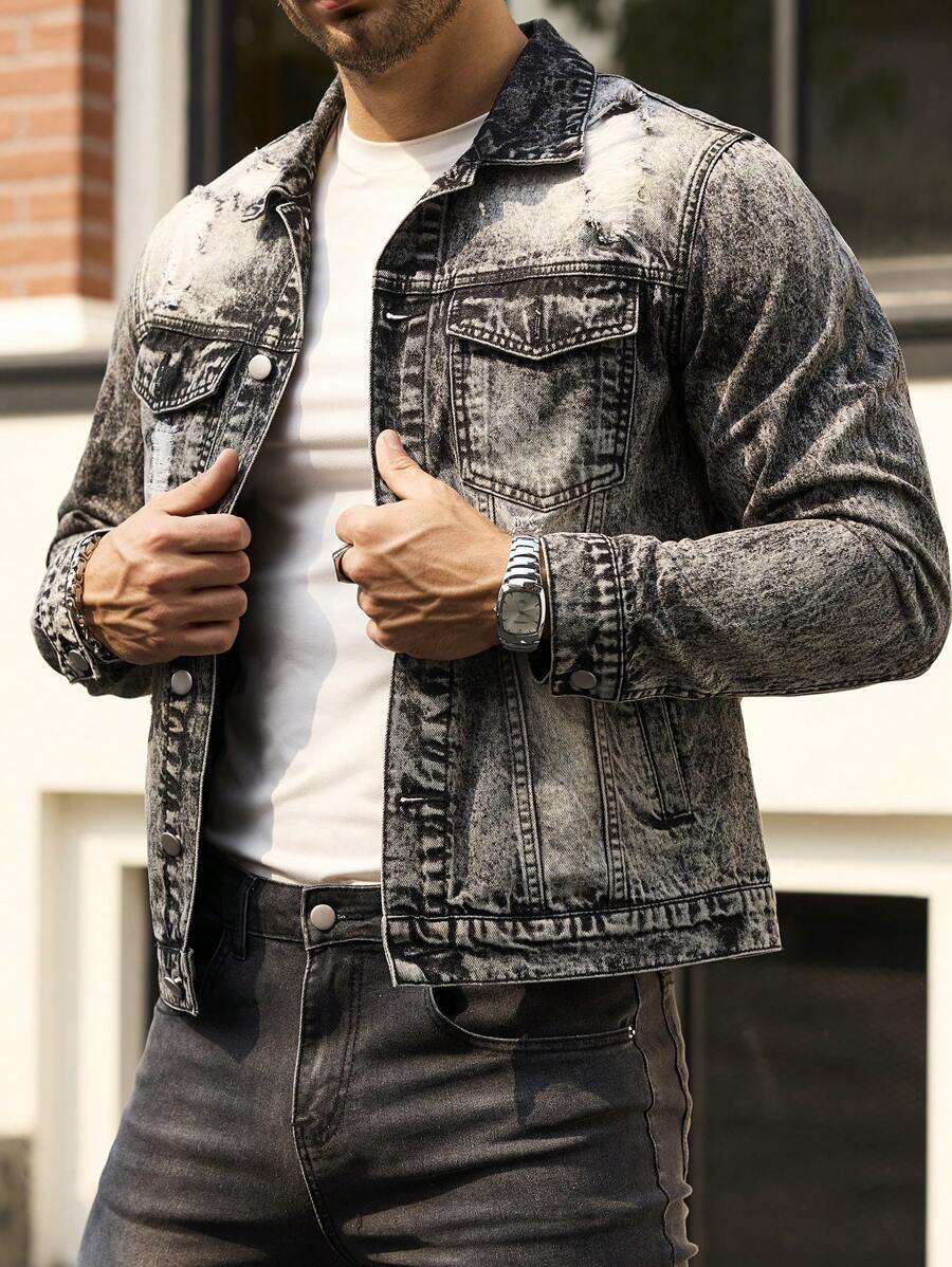 Manfinity Homme Men Casual Everyday Washed Front Button Patch Pocket Denim Jacket, Fall