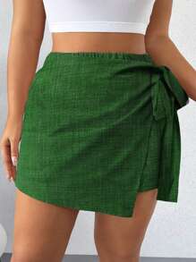 Breezaya Plus Size Women Side Knotted Asymmetrical Hem Casual Skort Faux Denim
