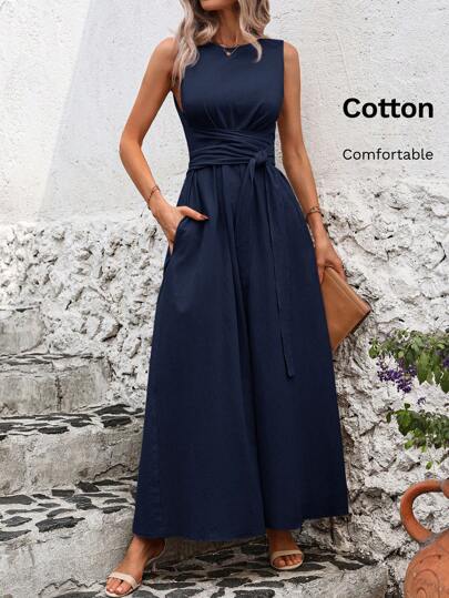 Solivie Women's Casual Solid Color Round Neck Twist Waist Sleeveless Loose Commuter Dress, Summer,Summer Dresses For Women,Tea Party Dress