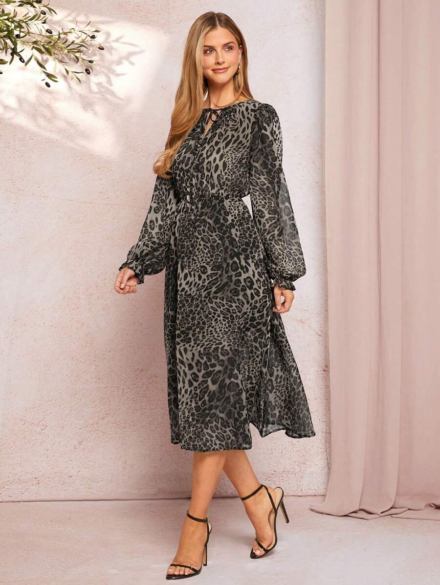 SHEIN Clasi Vestido elegante de mujer con mangas farol, cintura ceñida y falda de línea A, en gasa con estampado de leopardo