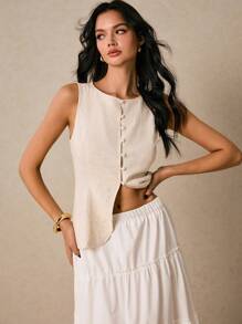 Poéselle 女士夏季休闲无袖纯色衬衫 - 杏色 - 查看 6