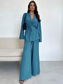 Firerie 1 set de Mujer Elegante Casual Vacaciones Oficina Commutting, Chaqueta suelta con cuello de muesca y cordón en la cintura, y pantalones casuales largos de cintura alta