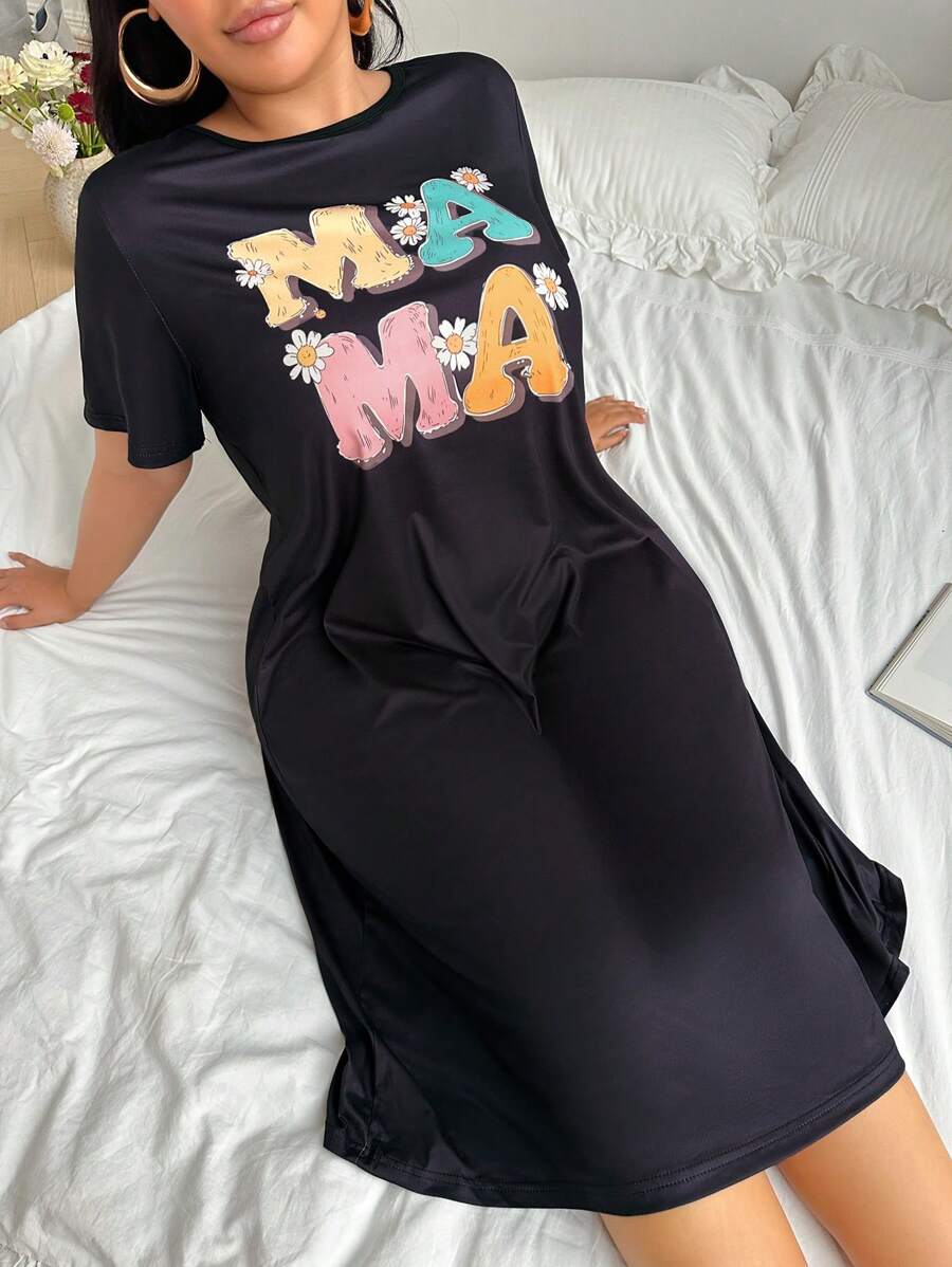 SHEIN Plus Size Letter Print Short Sleeve Nightgown - Black - View 1