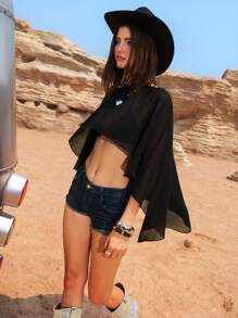 SHEIN EZwear Women's Solid Color Scoop Neck Batwing Sleeve High-Low Hem Lightweight Top In Fall/Winter - Black - View 3