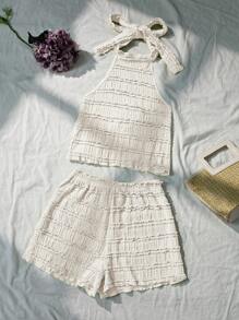 Sweetra Bộ 2 áo vest cổ tròn màu xanh lá cây giản dị dành cho nữ và quần short rộng rãi, Xuân/Hè - Màu be - Xem 5
