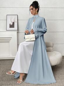 Yasmyna Women's Elegant Solid Color Beaded Decor Stand Collar Arabic Abaya, Modest Robe - Blue - View 4