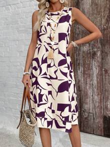 EMERY ROSE Women's Casual Purple Abstract Print Sleeveless Midi Dress With Round Neck And Pockets - Purple - View 3