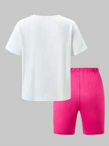 SHEIN Explorewe 2pcs/Set Teen Girl Casual Heart Print Short Sleeve T-Shirt And Skinny Shorts Set, Suitable For Spring/Summer Outdoor, School, Campus, College - Hot Pink - View 4