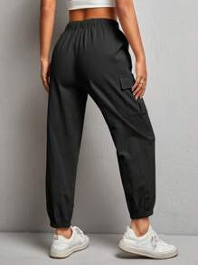 SHEIN PETITE Quần dài dây rút có túi màu trơn cho nữ - màu đen - Xem 2