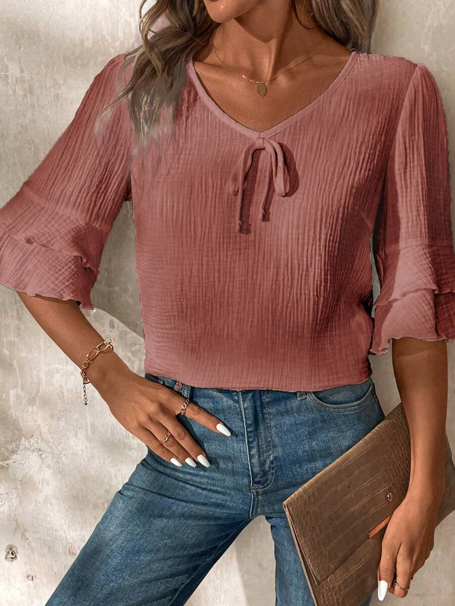 SHEIN LUNE Women's Linen V-Neck Casual Short Sleeve Ruffle Blouse - Mocha Brown - View 1