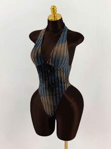 Amplova 深 V 领挂脖式纹理扎染紧身衣 - 卡其色 - 查看 6