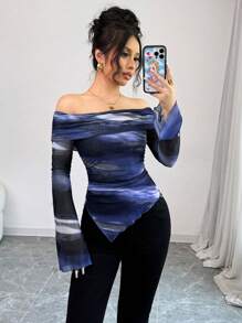 Elenzga Camiseta de manga larga con hombros descubiertos para mujer, casual para uso diario, blusas para mujer en primavera