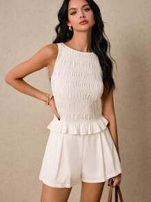 Poéselle Set da donna in 2 pezzi, tuta in cotone con top plissettato e shorts bermuda con tasche, completo bianco, shorts, tuta casual, abbigliamento quotidiano 2 pezzi/set, donna, tinta unita, canotta e shorts, estivo, outfit estivo boho Y2K, shorts set donna, outfit Coachella
