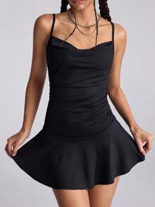 SHEIN EZwear Vestido deslizante negro mini con escote profundo y plisado, para primavera/verano