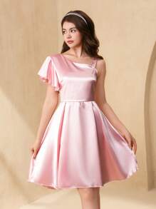 SHEIN Teens One Shoulder Ruffle Waist A-Line Dress, Wedding Party Formal Gown - Pink - View 1