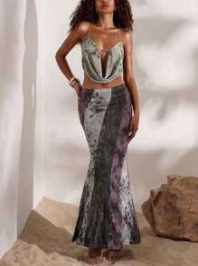 Opulessa Set da 2 pezzi da donna, top a canotta senza schienale stampato a maglia e gonna sirena vita bassa - Grigio - Visualizzare 1