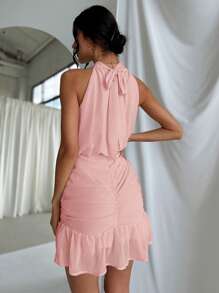 Firerie Women's Halter Neck Ruched Bodycon Romantic Elegant Vacation Beach Dress, Party Dress - Pink - View 2