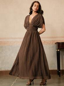 Anewsta Women's V-Neck Ruched Waist Dress With Tied Shoulder Sleeves, Beach Holiday Outfit Spring/Summer