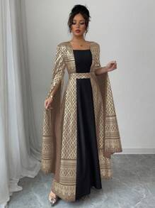 Rafferiza 时尚简约方领泡泡袖烫金印花长裙，春夏 - 棕色 - 查看 5