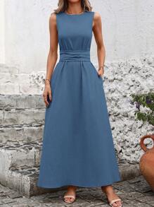 Solivie Vestido informal de unicolor con cordones en la cintura y sin mangas - Neblina azul - Ver 5