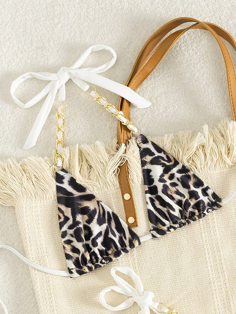Swim Vcay 2pcs/Set Women Leopard Print Metal Chain Decor Bikini Set, Two Pieces Swimwear For Summer Beach Vacation - Multicolor - View 1