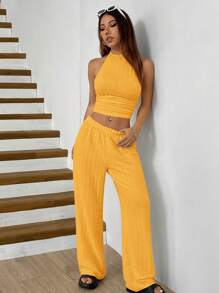 SHEIN EZwear 黄色针织女式褶饰休闲两件套 - 黃色 - 查看 3