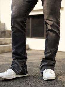 Manfinity Homme Men's Casual Everyday Washed Oblique Pocket Flared Leg Jeans - Grey - View 4