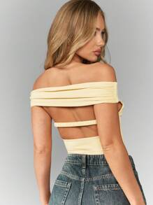 MISSGUIDED Off Shoulder Backless Crop Top Summer Bandeau Elastic Stretch Casual Club Party Festival Y2K Fashion Ribbed Aesthetic - Yellow - View 3