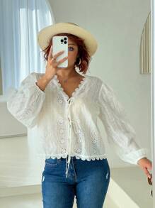 SHEIN Frenchy Plus Size Women Lace Fabric Cardigan Design Fashion Casual White Shirt Comfortable For Work, Spring/Summer - White - View 7