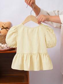 SHEIN LMoss Kids Cămașă casual cu mâneci bufante, în dungi, pentru fetiță