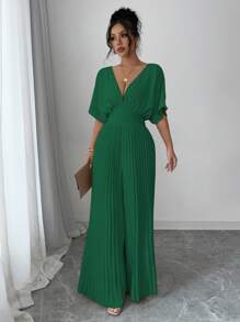 Elenzga Macacão Elegante Feminino de Cor Sólida com Decote em V Profundo, Manga Morcego e Plissado - Verde Escuro - Visão 3